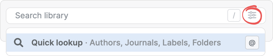 The library search box with the circled options button open, showing the highlighted “Quick lookup · Authors, Journals, Labels, Folders” entry and its @ shortcut.